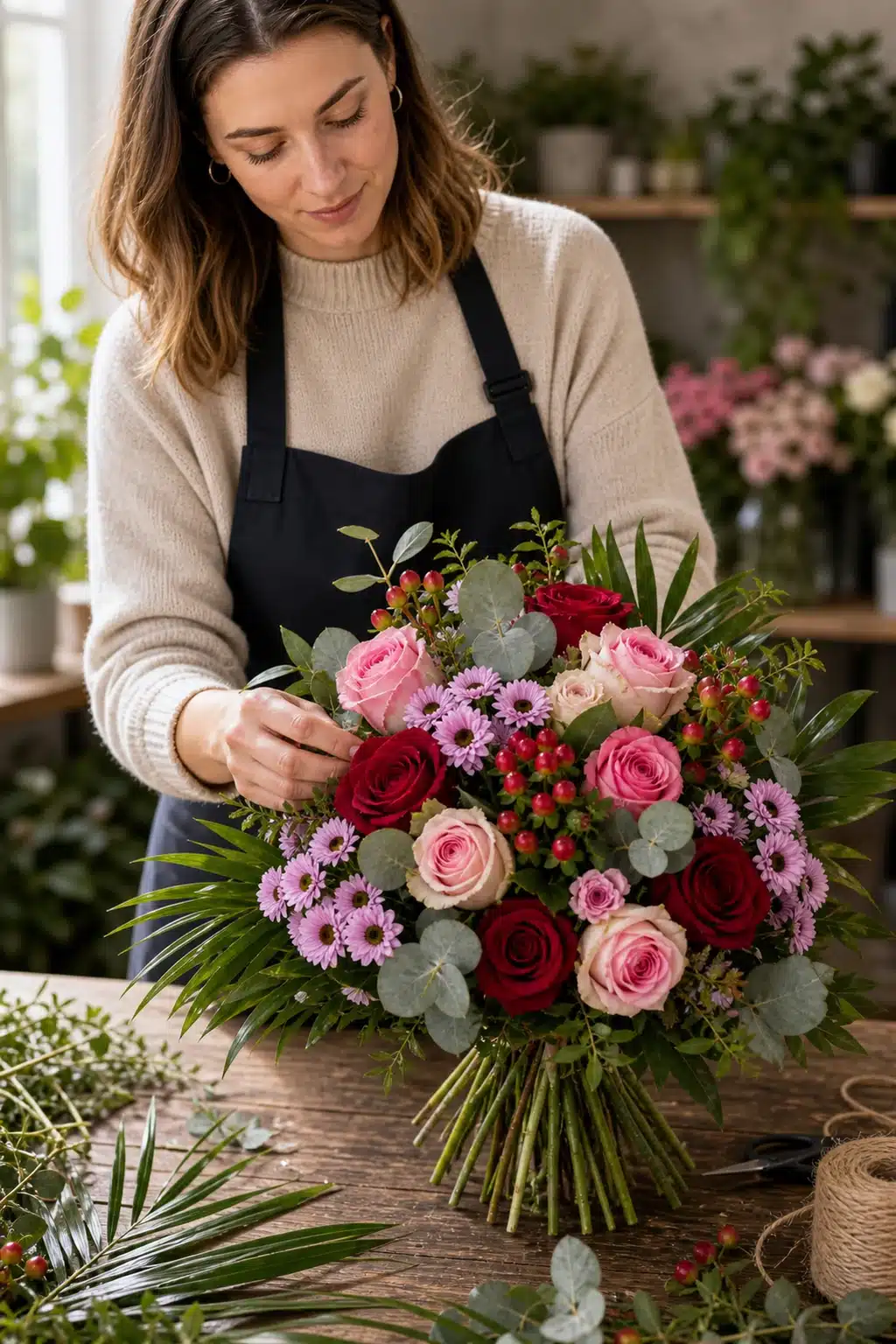 Sweet Dreams 5 Floristin bereitet Sweet Dreams mit roten Rosen rosa Blueten Beeren und Eukalyptus vor