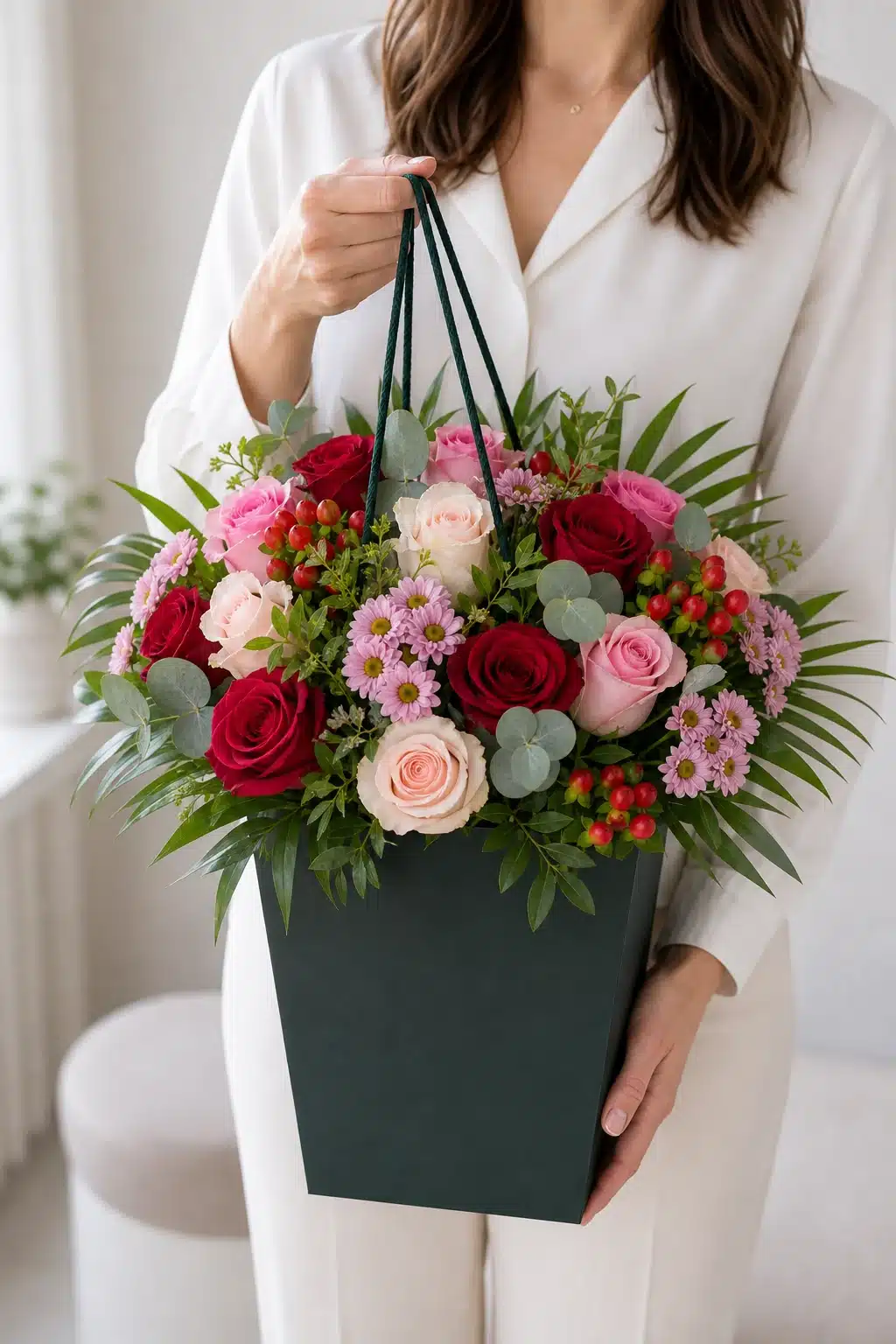 Sweet Dreams 6 Sweet Dreams mit roten Rosen rosa Blueten und Beeren im dunkelgruenen Flowerbag