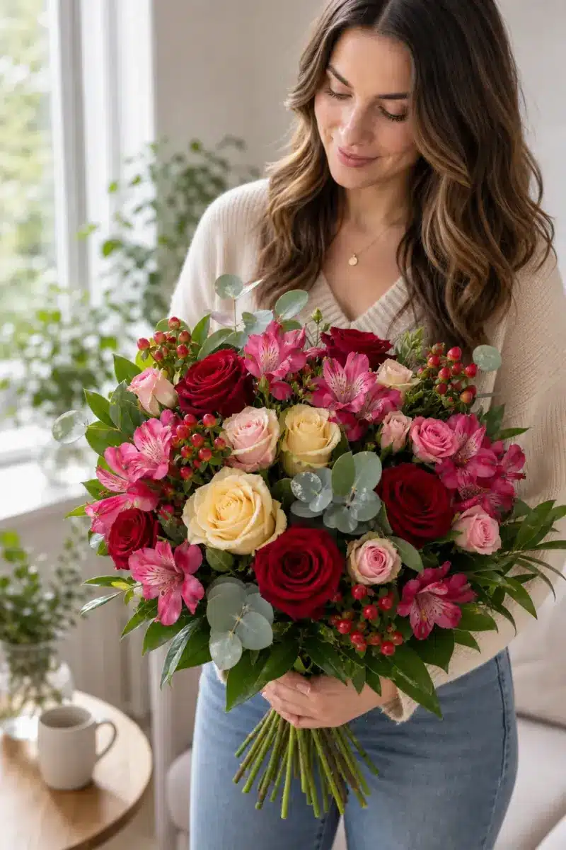 Empfaengerin haelt Sweet Romance mit roten Rosen pinken Alstroemerien und Beeren zuhause