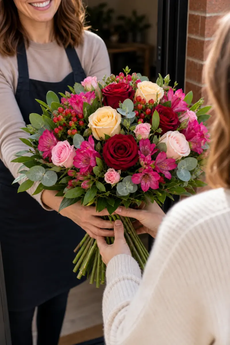 Sweet Romance wird an der Haustuer direkt mit sichtbaren Stielen uebergeben