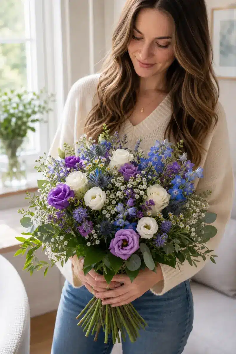 Empfaengerin haelt einen Ueberraschungs Strauss in Blau Violett und Weiss zuhause - Blumenstrauß von Blumen Mankopf in Hagen