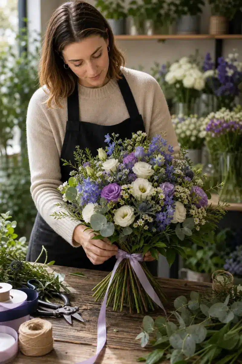 Überraschungs-Strauß blau-violett-weiß Detailansicht - Blumenstrauß von Blumen Mankopf in Hagen