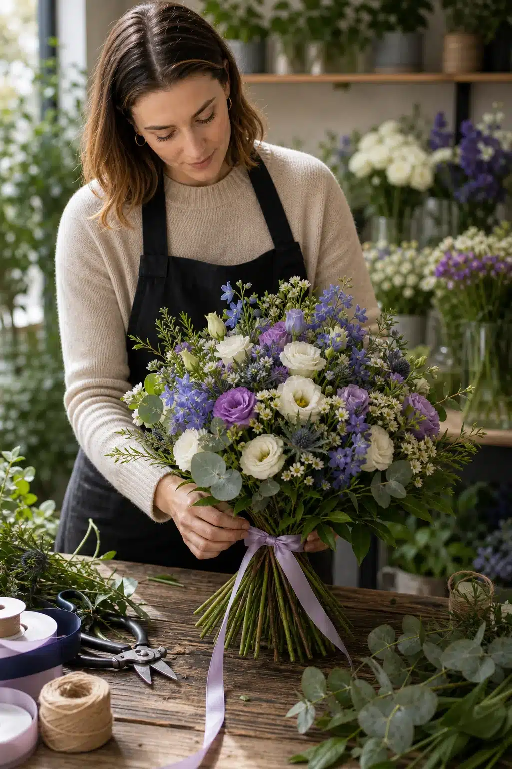 Überraschungs-Strauß blau-violett-weiß 2 Floristin bindet einen Ueberraschungs Strauss in Blau Violett und Weiss - Blumenstrauß von Blumen Mankopf in Hagen