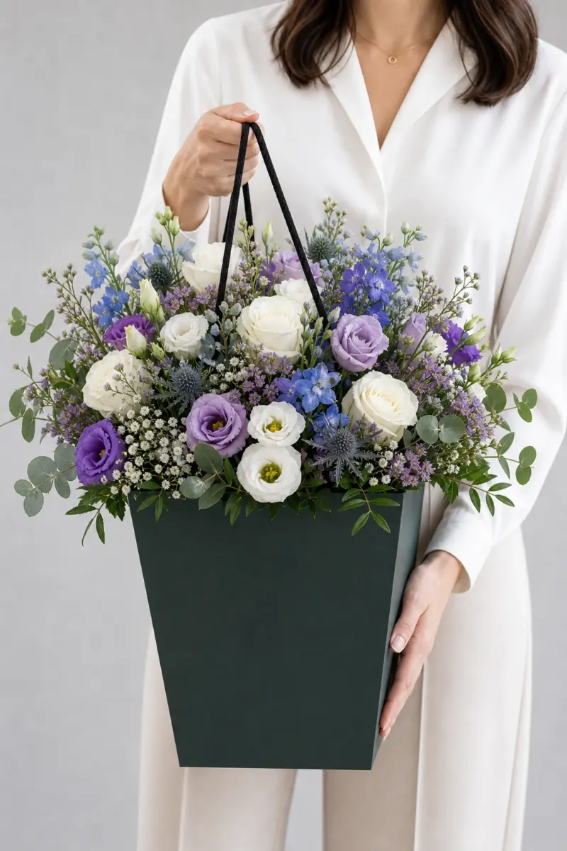Ueberraschungs Strauss in Blau Violett und Weiss wird im dunklen Flowerbag gehalten - Blumenstrauß von Blumen Mankopf in Hagen