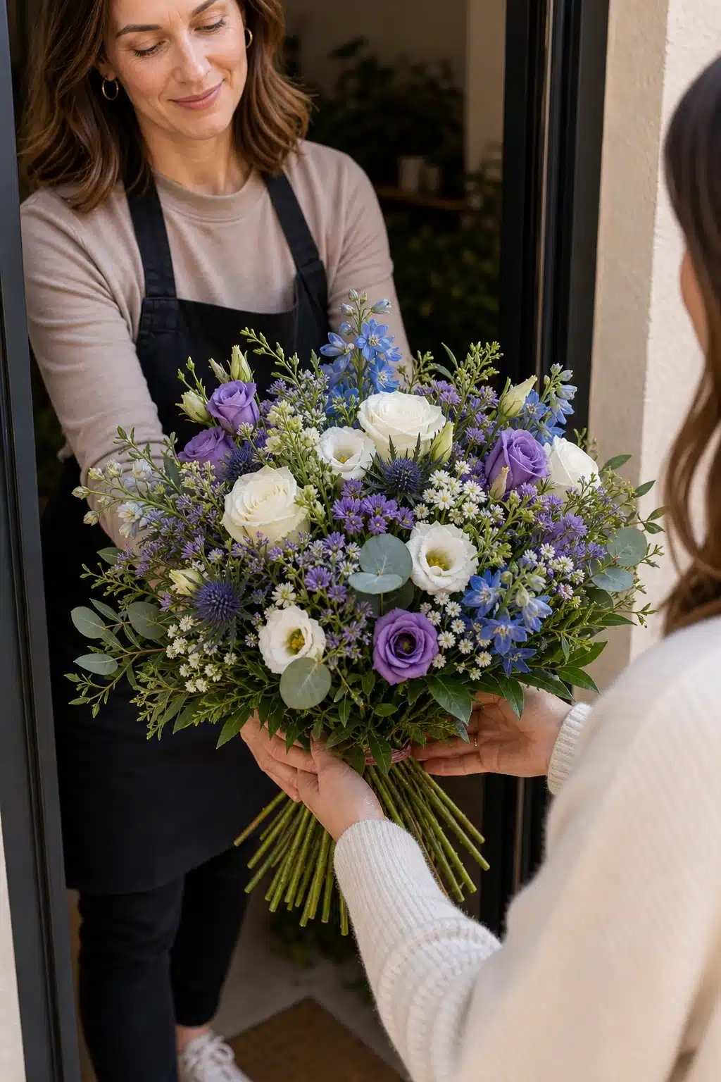 Überraschungs-Strauß blau-violett-weiß 4 Ueberraschungs Strauss in Blau Violett und Weiss wird als Strauss mit sichtbaren Stielen an der Haustuer uebergeben - Blumenstrauß von Blumen Mankopf in Hagen