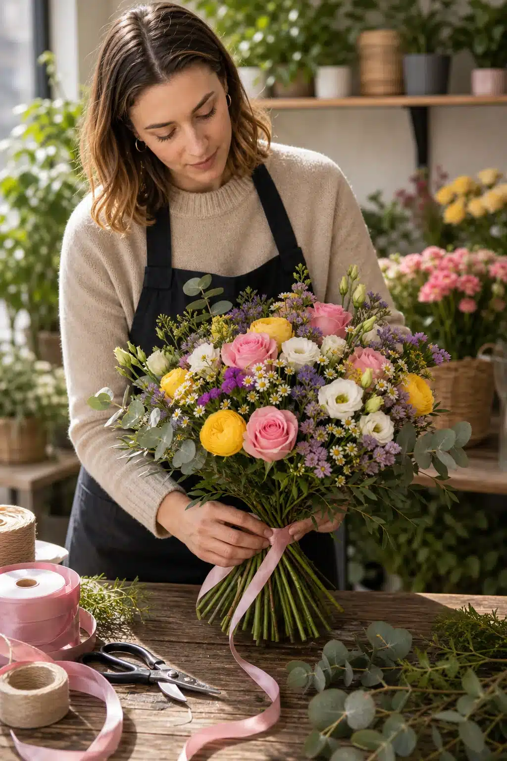 Überraschungs-Strauß 2 Floristin bindet einen bunten saisonalen Ueberraschungs Strauss mit rosa gelben weissen und violetten Blueten