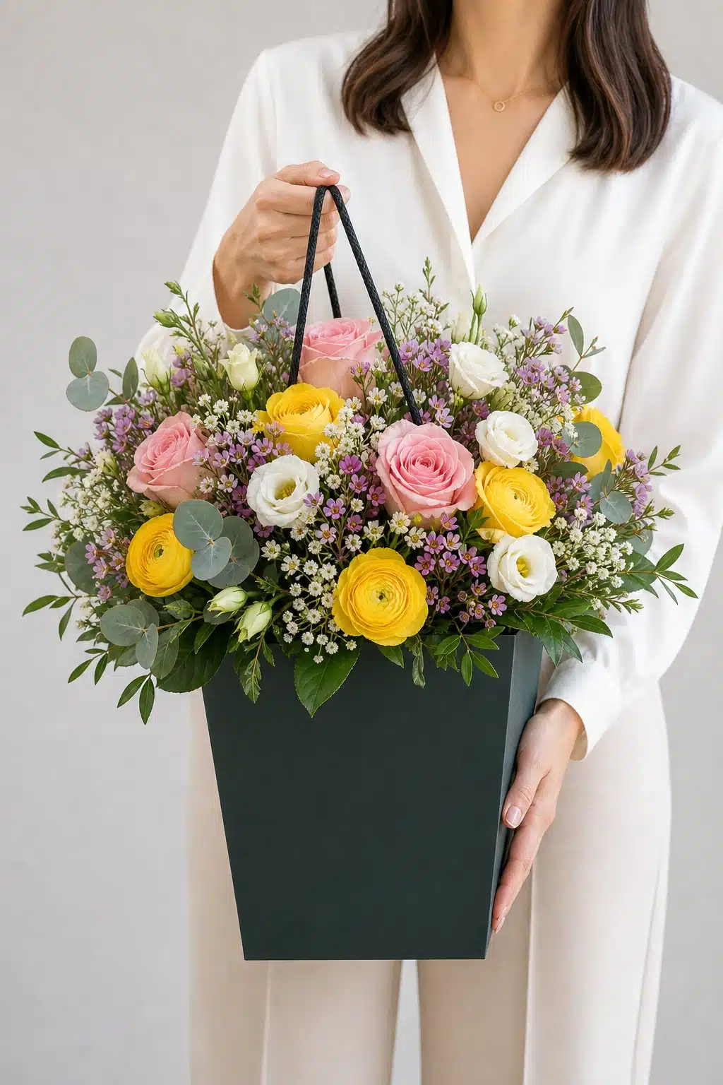 Überraschungs-Strauß 3 Bunter saisonaler Ueberraschungs Strauss wird im dunklen Flowerbag gehalten