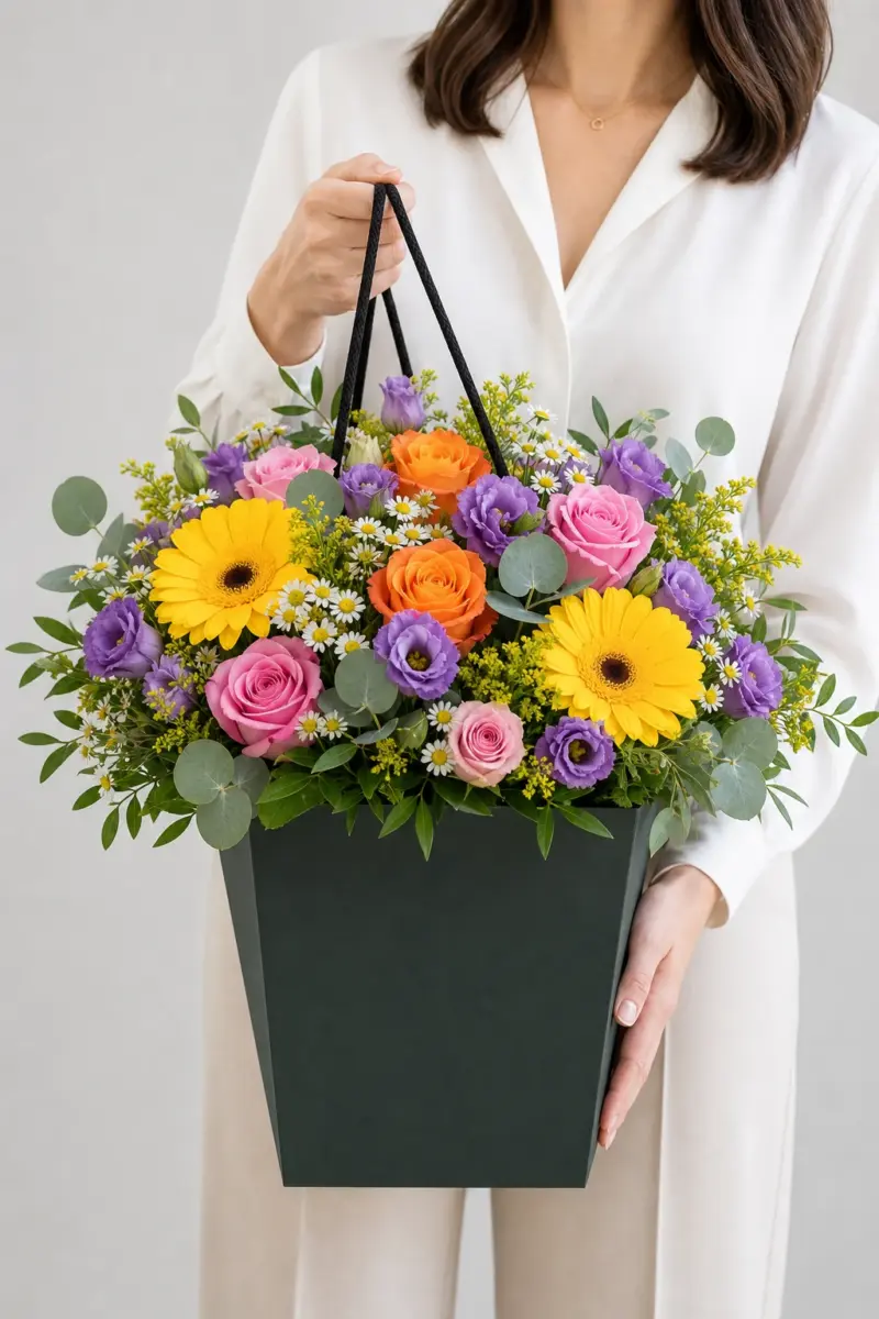 Bunter Ueberraschungs Strauss Geburtstag wird im dunklen Flowerbag gehalten - Blumenstrauß von Blumen Mankopf in Hagen
