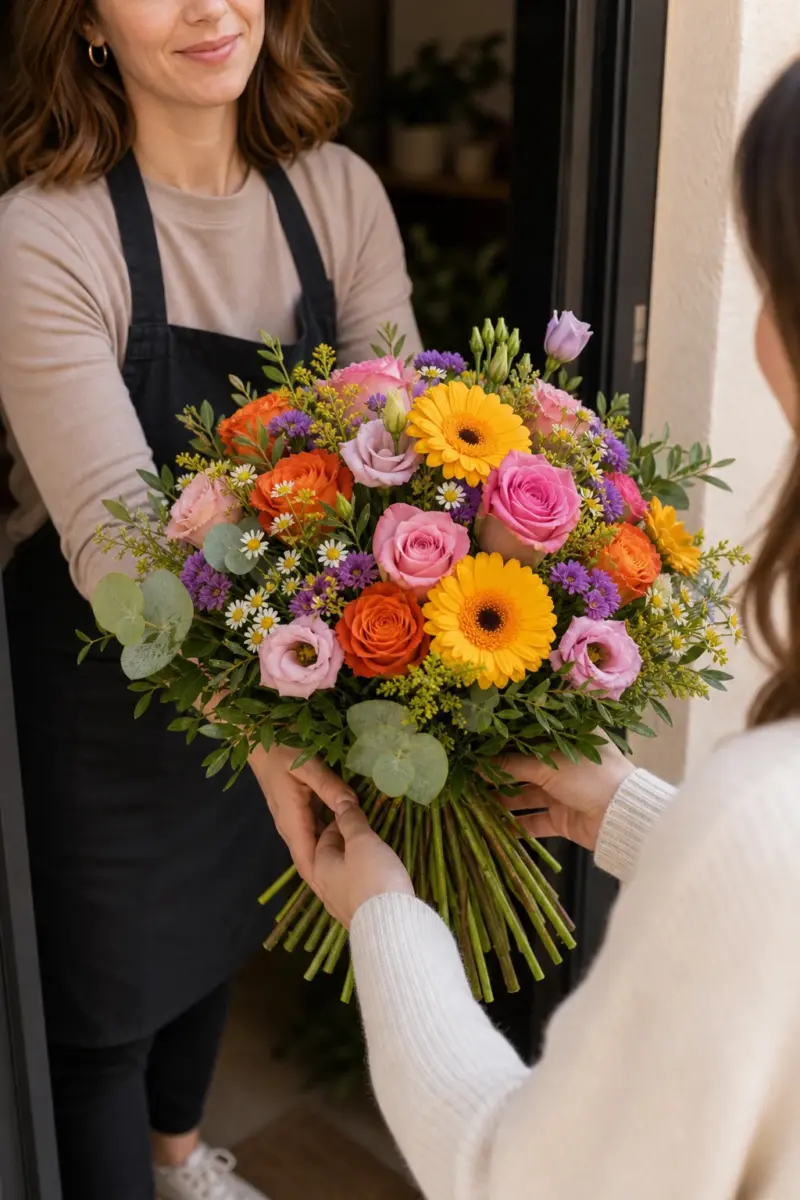 Bunter Ueberraschungs Strauss Geburtstag wird als Strauss mit sichtbaren Stielen an der Haustuer uebergeben - Blumenstrauß von Blumen Mankopf in Hagen
