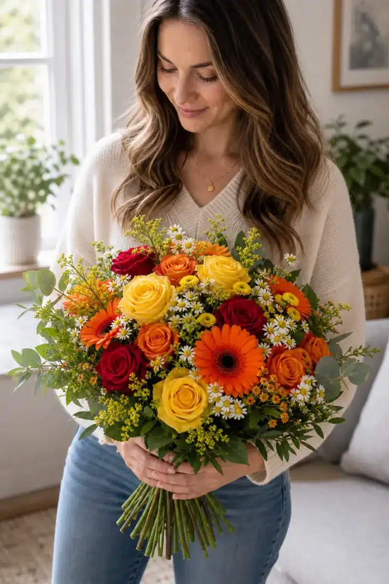 Empfaengerin haelt einen Ueberraschungs Strauss in Gelb Orange und Rot zuhause - Blumenstrauß von Blumen Mankopf in Hagen