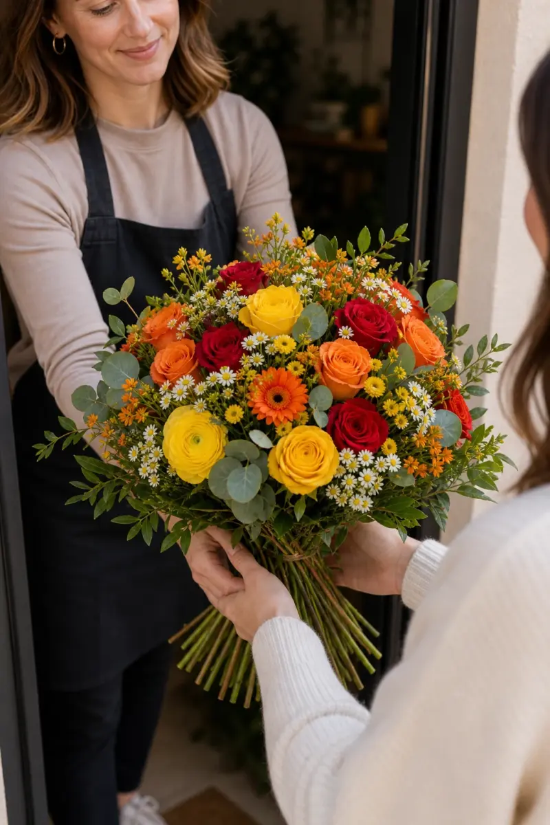 Ueberraschungs Strauss in Gelb Orange und Rot wird als Strauss mit sichtbaren Stielen an der Haustuer uebergeben - Blumenstrauß von Blumen Mankopf in Hagen