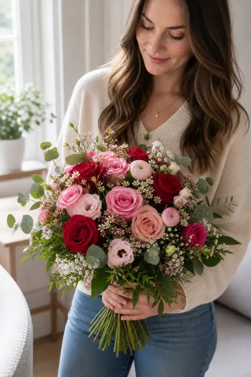 Empfaengerin haelt einen romantischen Ueberraschungs Strauss Liebe mit roten und rosa Blueten zuhause - Blumenstrauß von Blumen Mankopf in Hagen