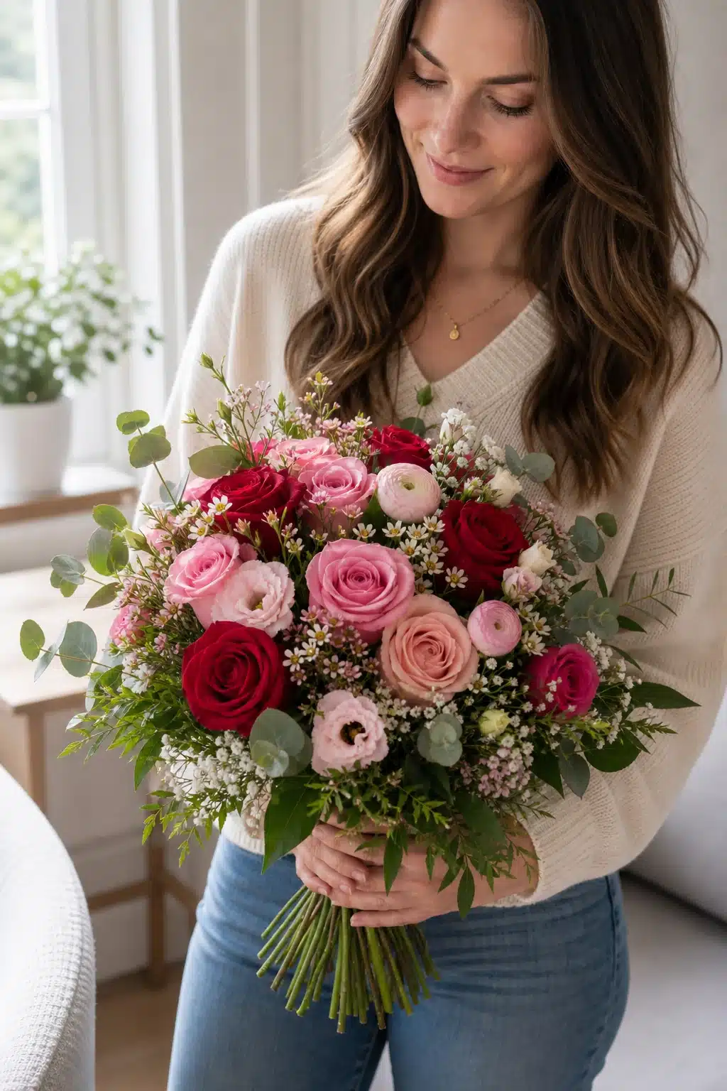 Überraschungs-Strauß Liebe 5 Empfaengerin haelt einen romantischen Ueberraschungs Strauss Liebe mit roten und rosa Blueten zuhause - Blumenstrauß von Blumen Mankopf in Hagen