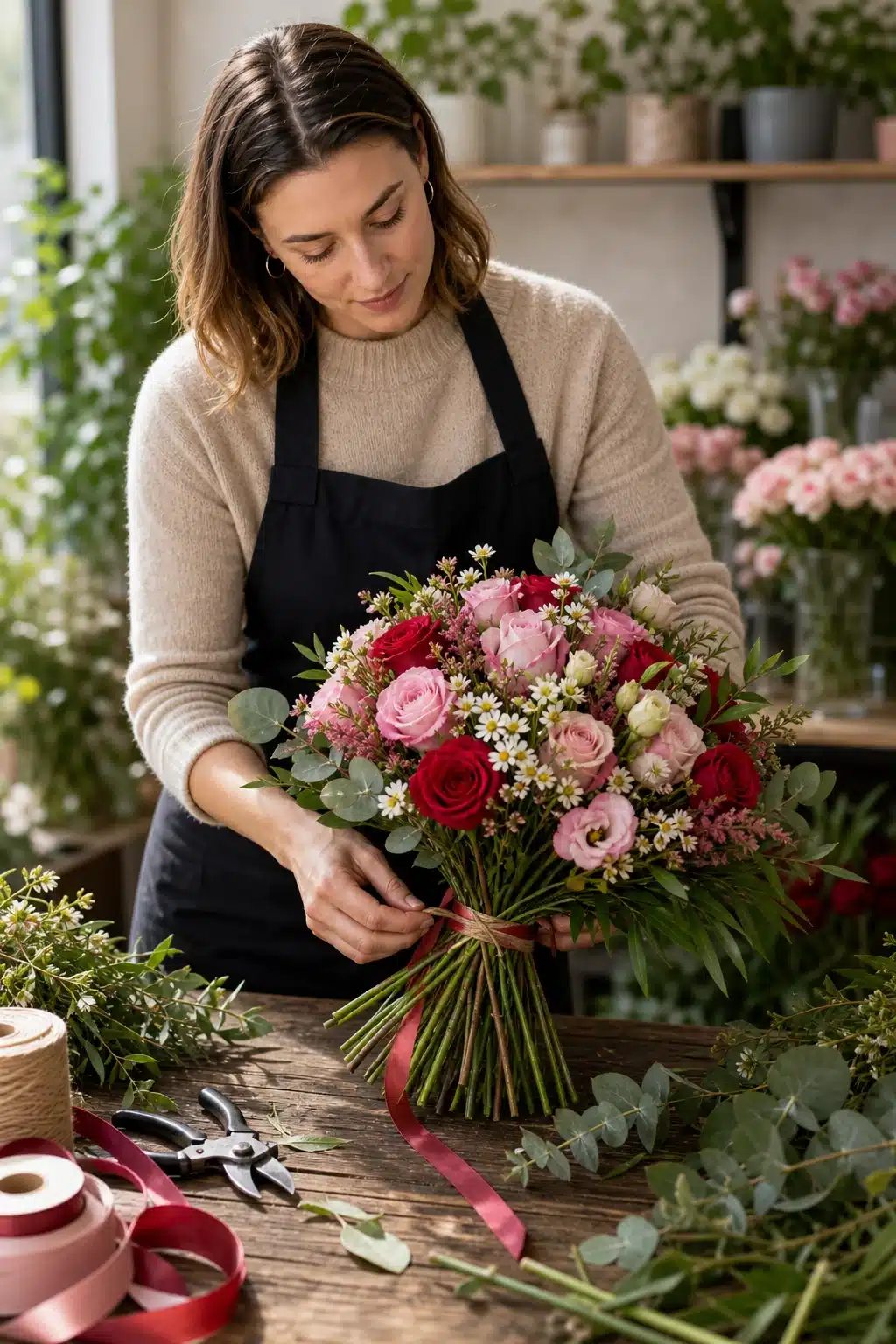 Überraschungs-Strauß Liebe 2 Floristin bindet einen romantischen Ueberraschungs Strauss Liebe mit roten und rosa Blueten - Blumenstrauß von Blumen Mankopf in Hagen