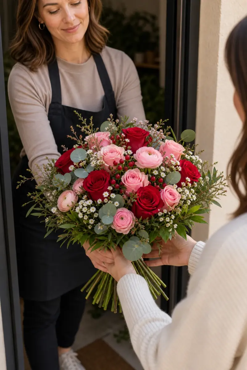 Romantischer Ueberraschungs Strauss Liebe wird als Strauss mit sichtbaren Stielen an der Haustuer uebergeben - Blumenstrauß von Blumen Mankopf in Hagen