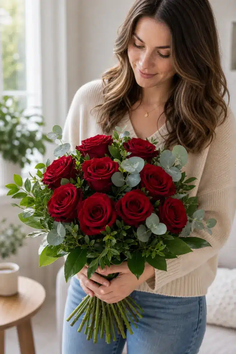Empfaengerin haelt Verrueckt nach Dir mit roten Rosen zuhause