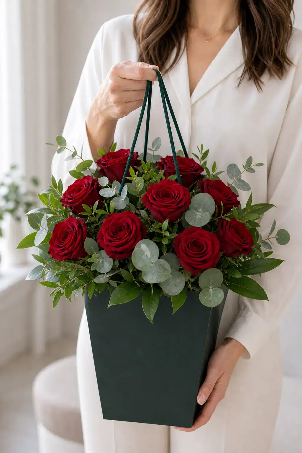 Verrückt nach Dir 6 Verrueckt nach Dir mit roten Rosen und Eukalyptus im dunkelgruenen Flowerbag
