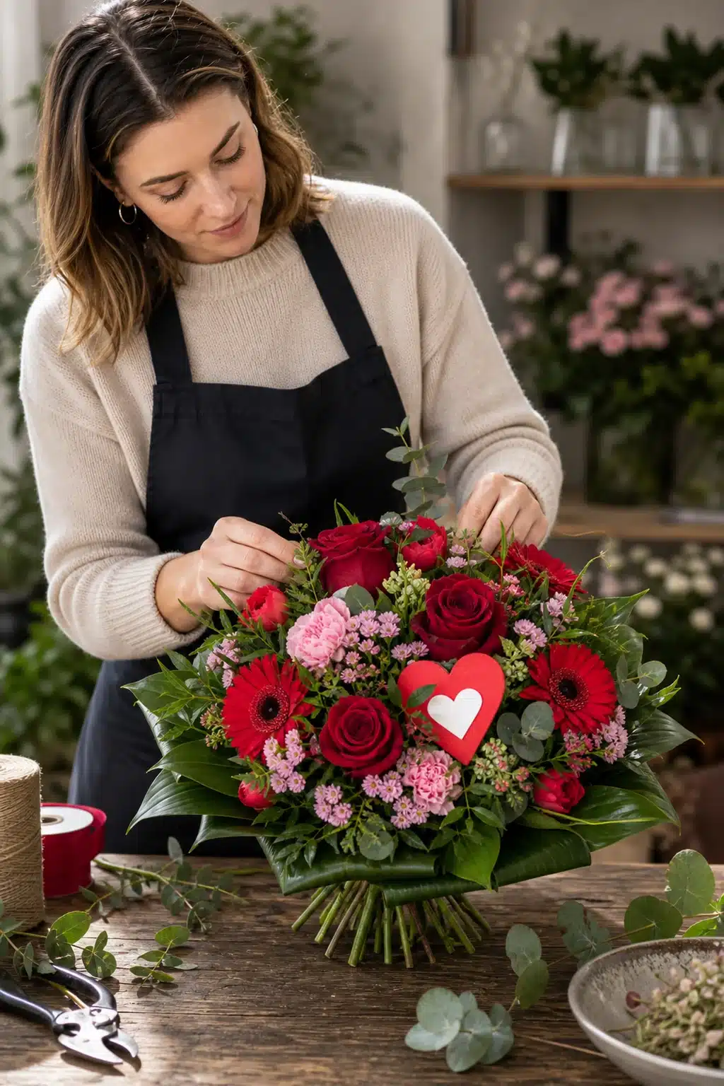 Weil ich Dich liebe 5 Floristin bereitet Weil ich Dich liebe mit roten Rosen roten Anemonen rosa Dianthus Hyazinthen Germini Eukalyptus und Herzstecker vor