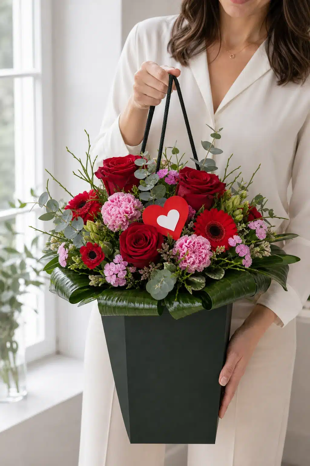 Weil ich Dich liebe 6 Weil ich Dich liebe mit roten Rosen roten Anemonen rosa Dianthus Hyazinthen Germini Eukalyptus und Herzstecker im dunkelgruenen Flowerbag