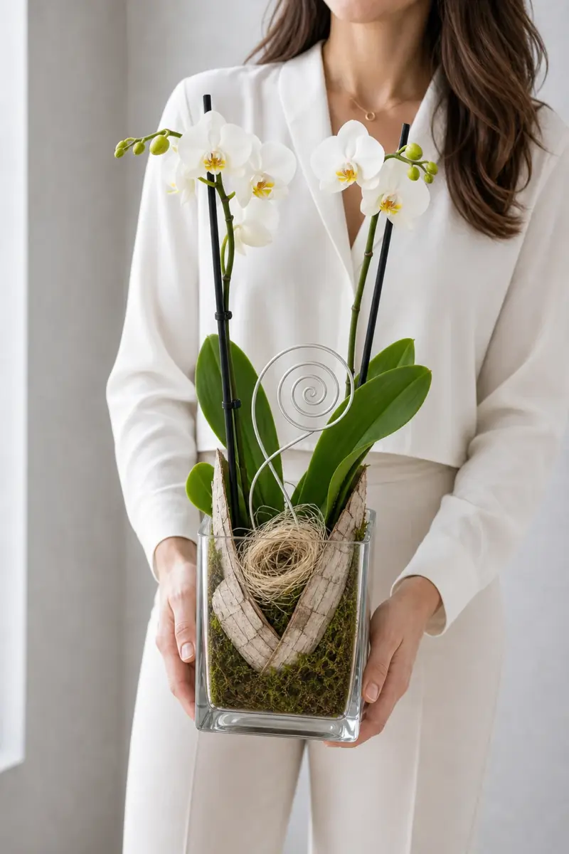 Weisse Orchidee wird direkt im Glas mit Birkenrinde und Moos gehalten - Blumenstrauß von Blumen Mankopf in Hagen