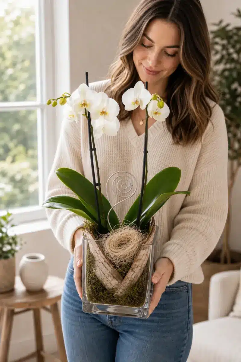 Empfaengerin haelt eine weisse Orchidee im Glas zuhause - Blumenstrauß von Blumen Mankopf in Hagen