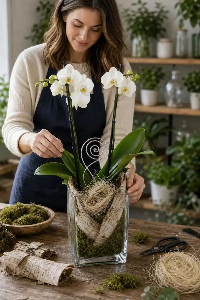 Floristin bereitet eine weisse Orchidee im Glas mit Birkenrinde und Moos vor - Blumenstrauß von Blumen Mankopf in Hagen