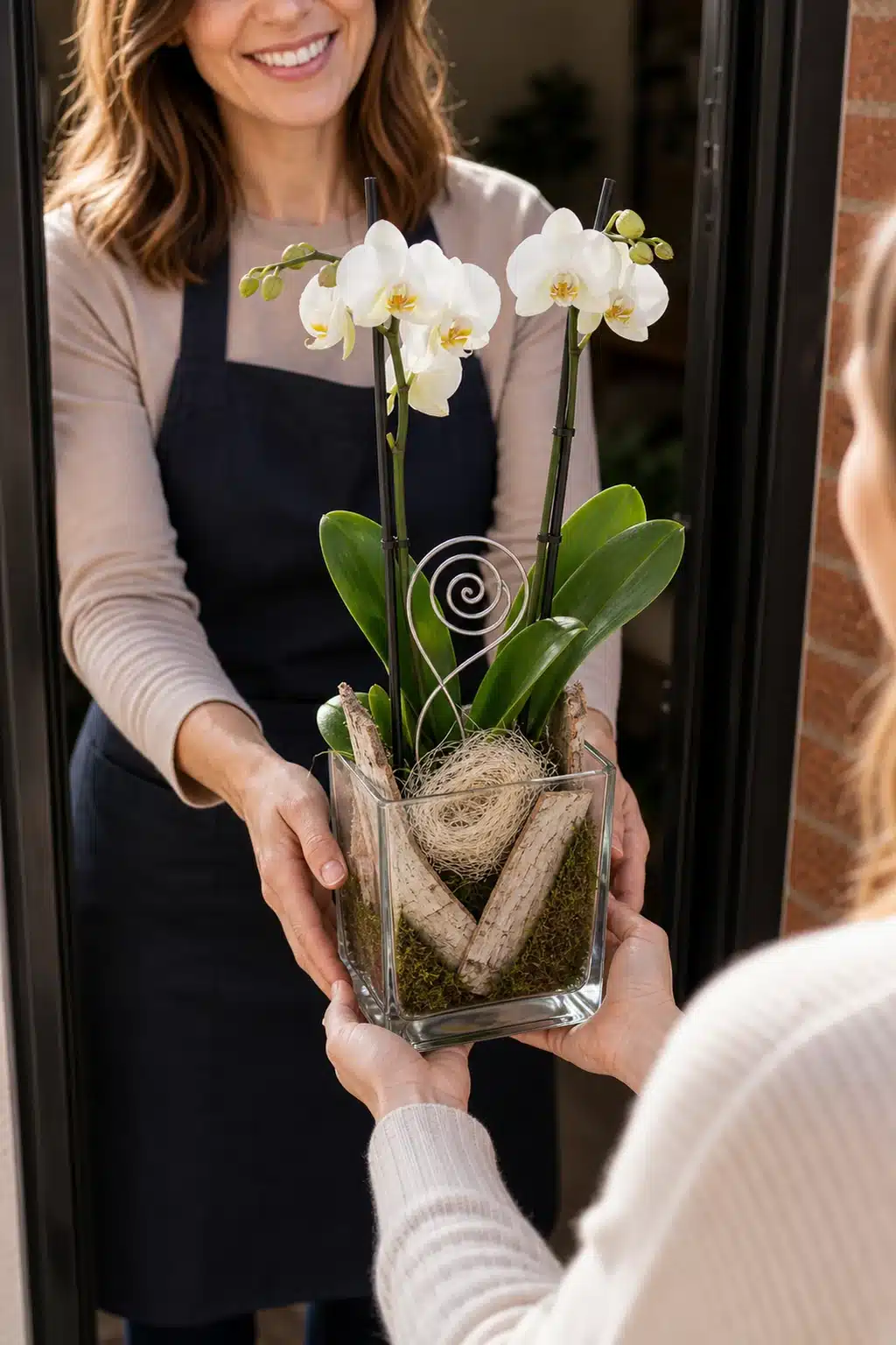Weiße Orchidee 7 Weisse Orchidee im Glas wird an der Haustuer uebergeben - Blumenstrauß von Blumen Mankopf in Hagen