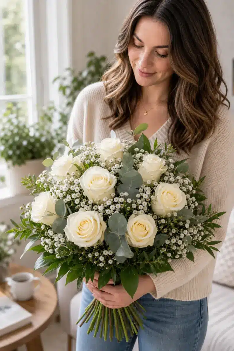 Empfaengerin haelt White und Magic mit cremeweissen Rosen zuhause - Blumenstrauß von Blumen Mankopf in Hagen