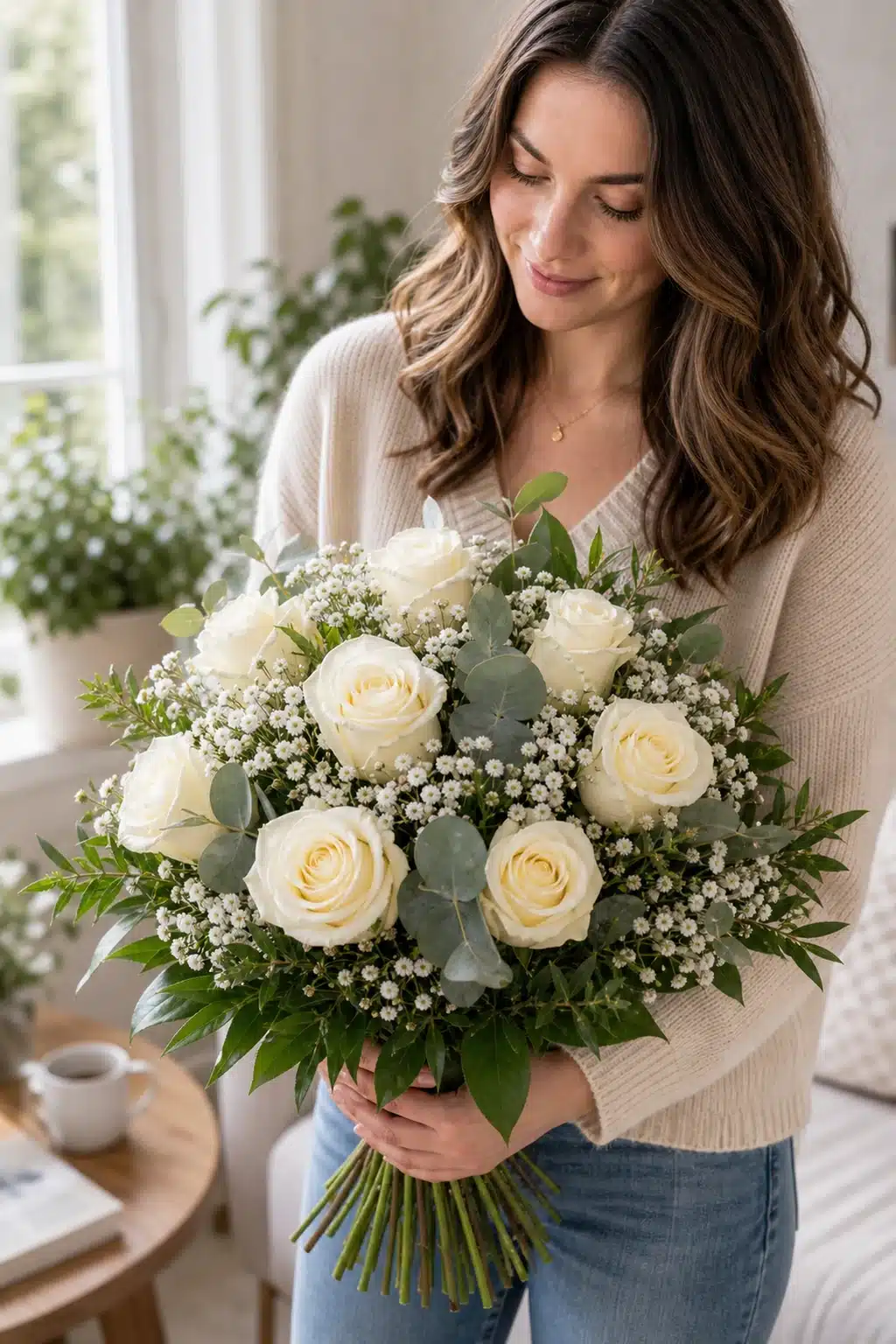 White & Magic 8 Empfaengerin haelt White und Magic mit cremeweissen Rosen zuhause - Blumenstrauß von Blumen Mankopf in Hagen