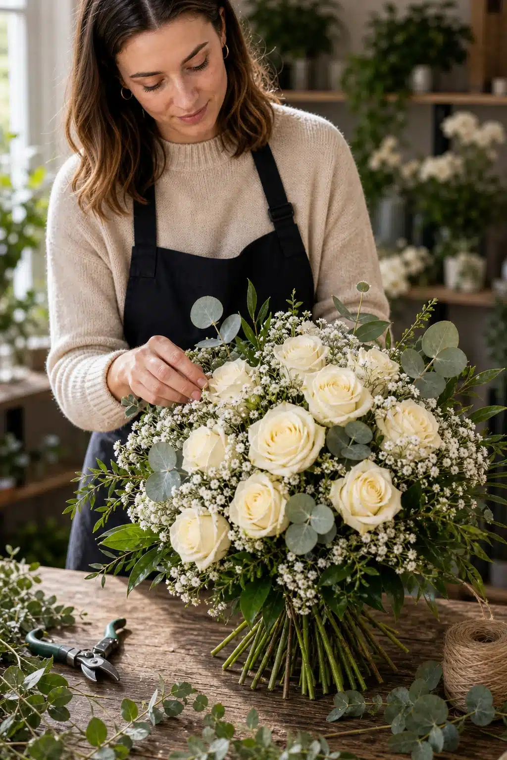 White & Magic 5 Floristin bereitet White und Magic mit cremeweissen Rosen Schleierkraut und Eukalyptus vor - Blumenstrauß von Blumen Mankopf in Hagen