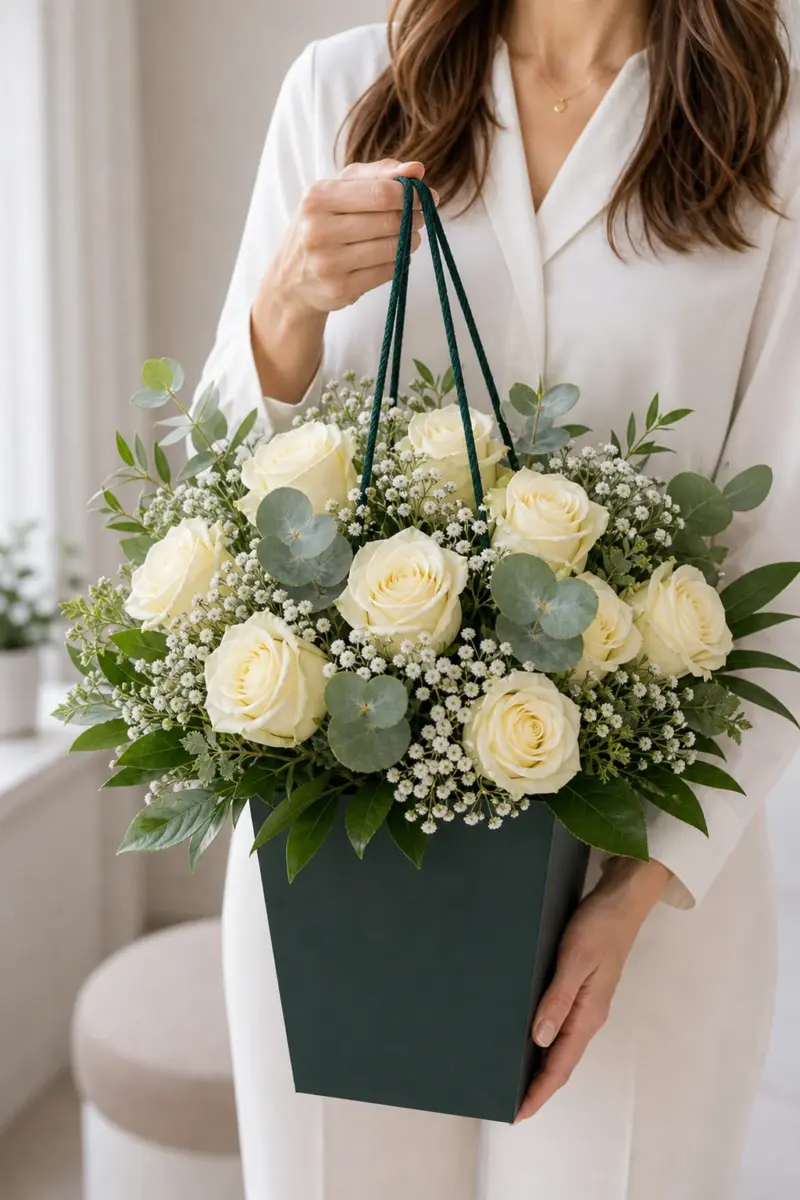 White und Magic mit cremeweissen Rosen und Schleierkraut im dunkelgruenen Flowerbag - Blumenstrauß von Blumen Mankopf in Hagen