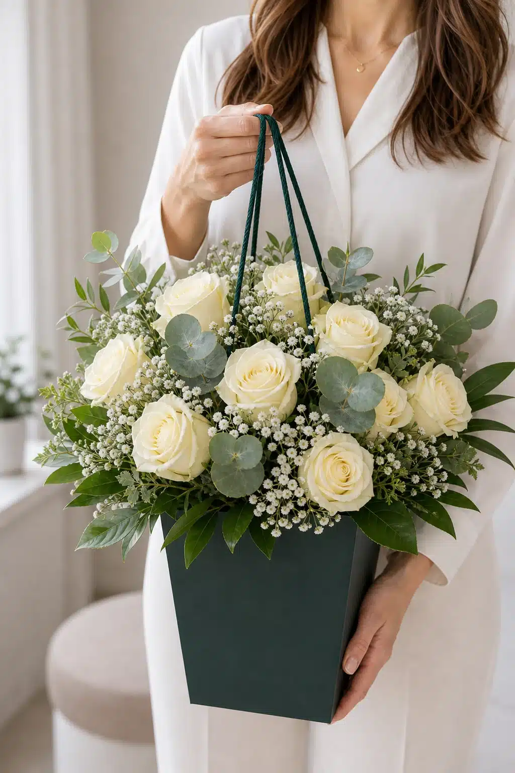 White & Magic 6 White und Magic mit cremeweissen Rosen und Schleierkraut im dunkelgruenen Flowerbag - Blumenstrauß von Blumen Mankopf in Hagen
