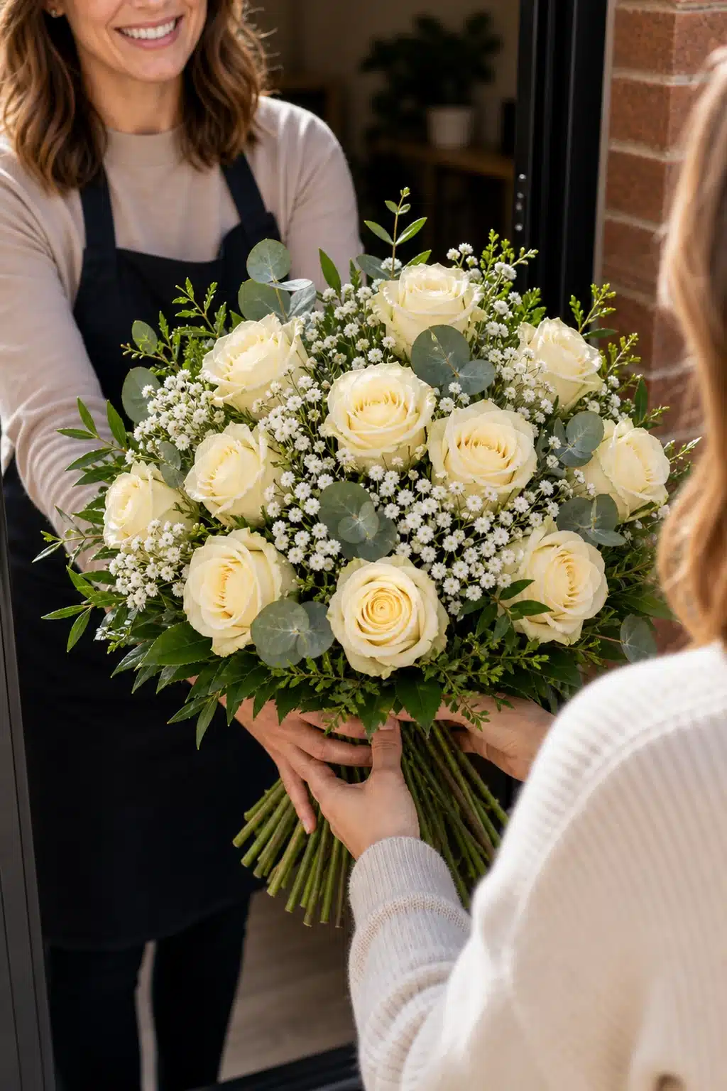 White & Magic 7 White und Magic wird an der Haustuer direkt mit sichtbaren Stielen uebergeben - Blumenstrauß von Blumen Mankopf in Hagen