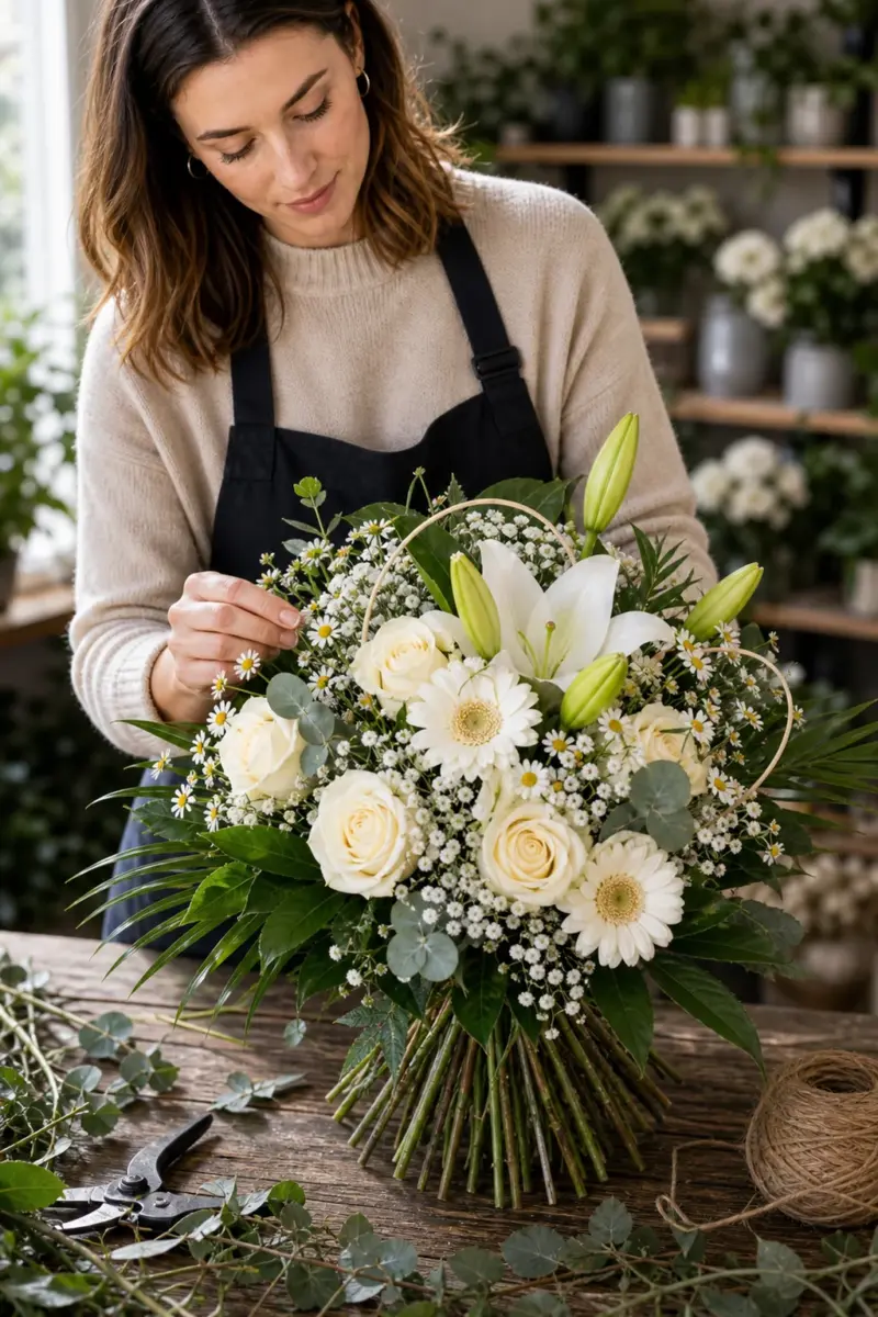 Floristin bereitet White Moments mit weissen Rosen Gerbera Lilien und Schleierkraut vor - Blumenstrauß von Blumen Mankopf in Hagen