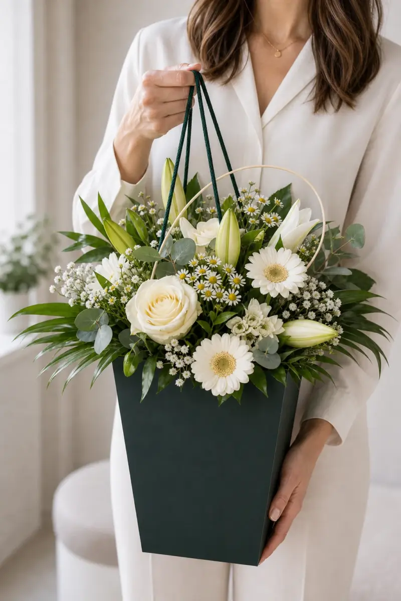 White Moments mit weissen Rosen Gerbera Lilien und Schleierkraut im dunkelgruenen Flowerbag - Blumenstrauß von Blumen Mankopf in Hagen
