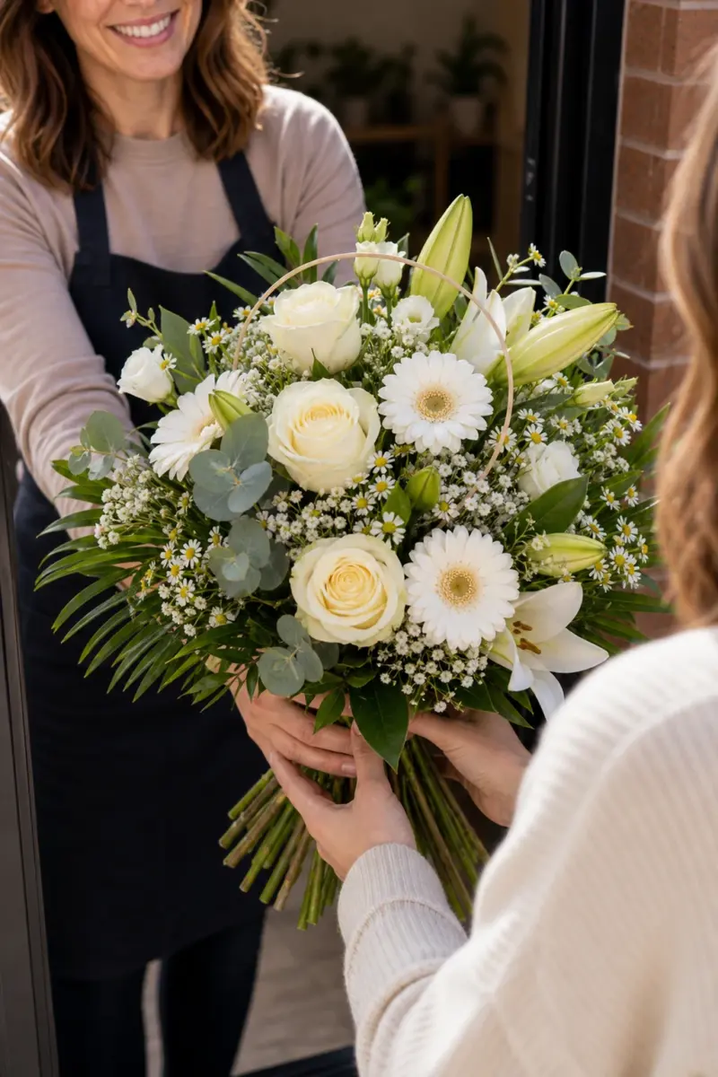 White Moments wird an der Haustuer direkt mit sichtbaren Stielen uebergeben - Blumenstrauß von Blumen Mankopf in Hagen