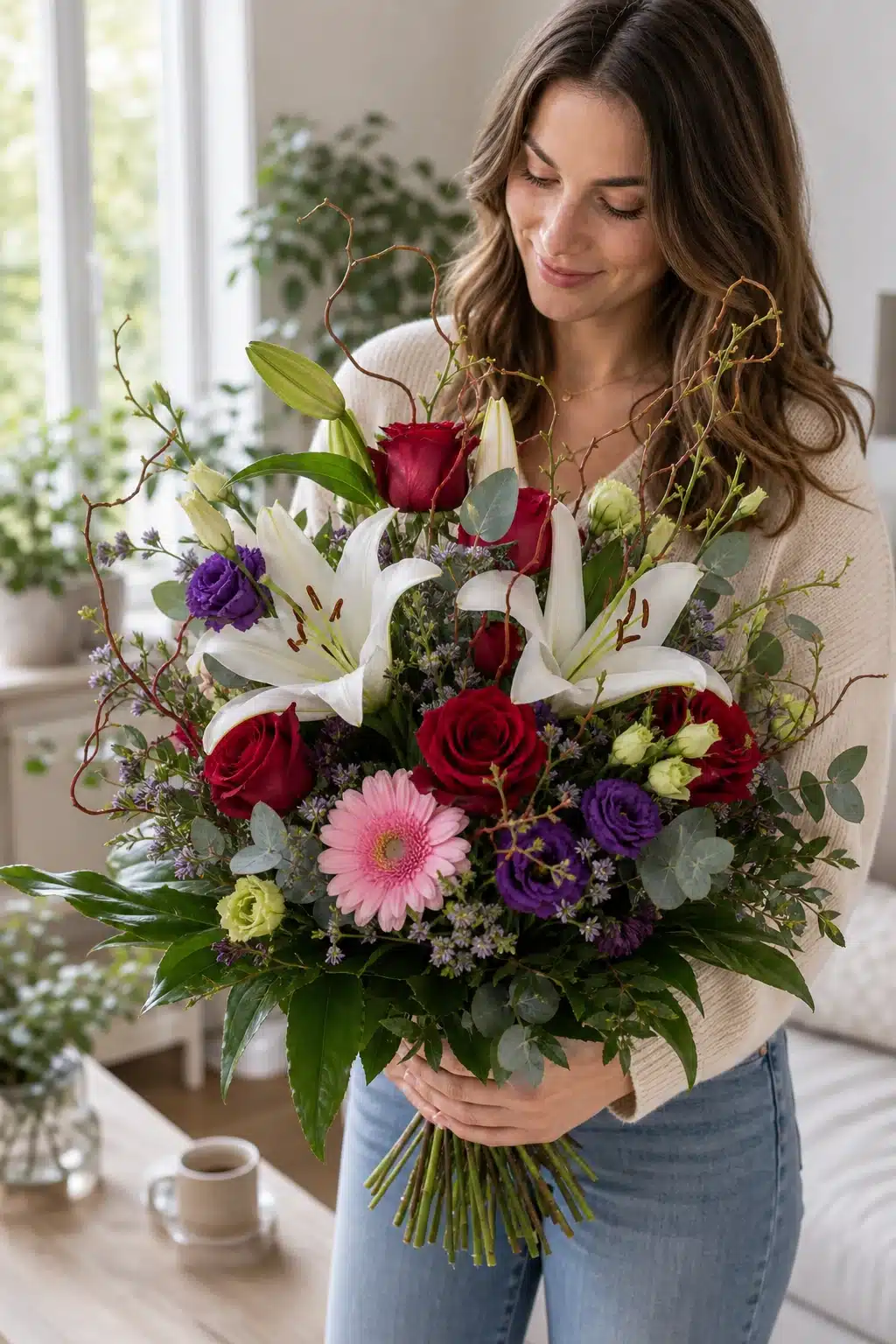 Wilde Romanze 8 Empfaengerin haelt Wilde Romanze mit Lilien roten Rosen und wilden Zweigen zuhause