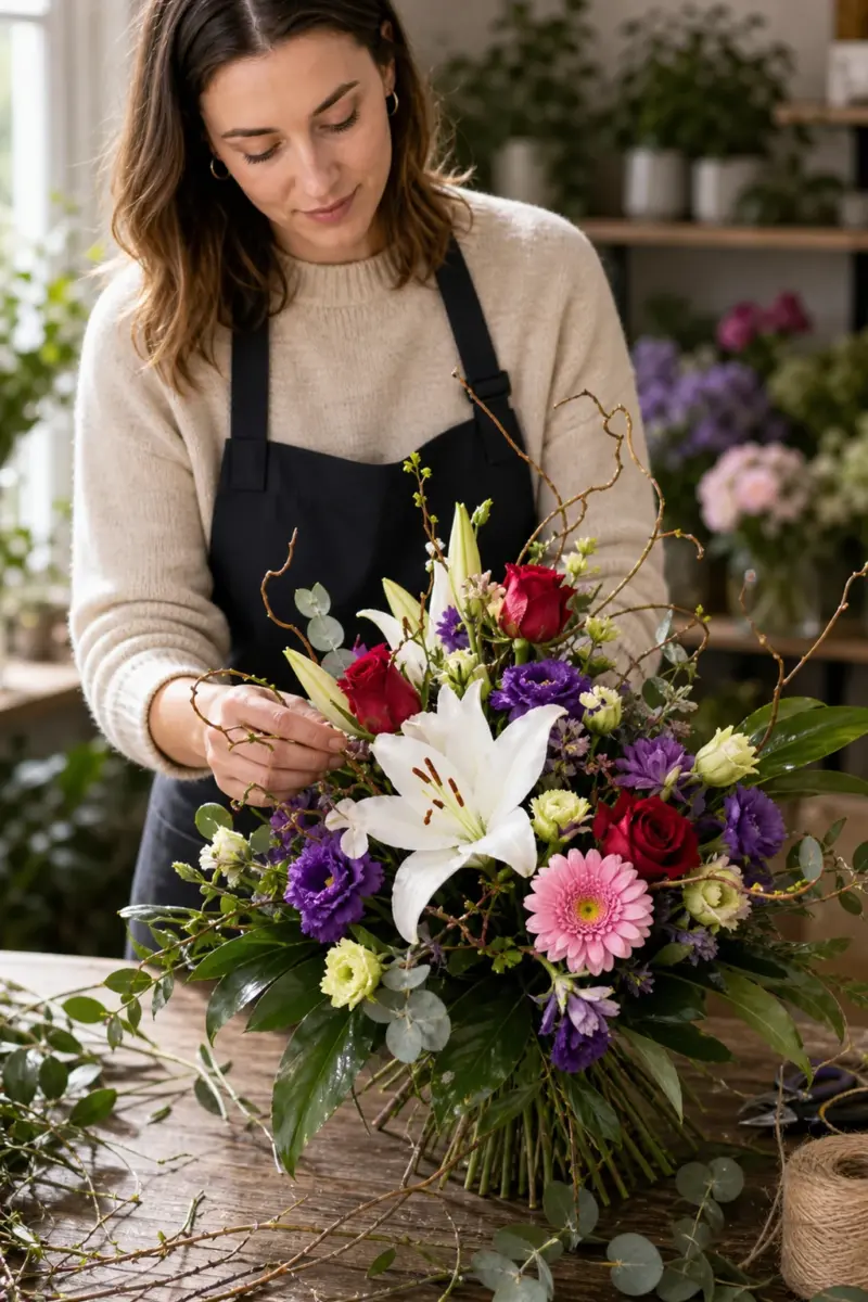 Floristin bereitet Wilde Romanze mit weissen Lilien roten Rosen und rosa Gerbera vor