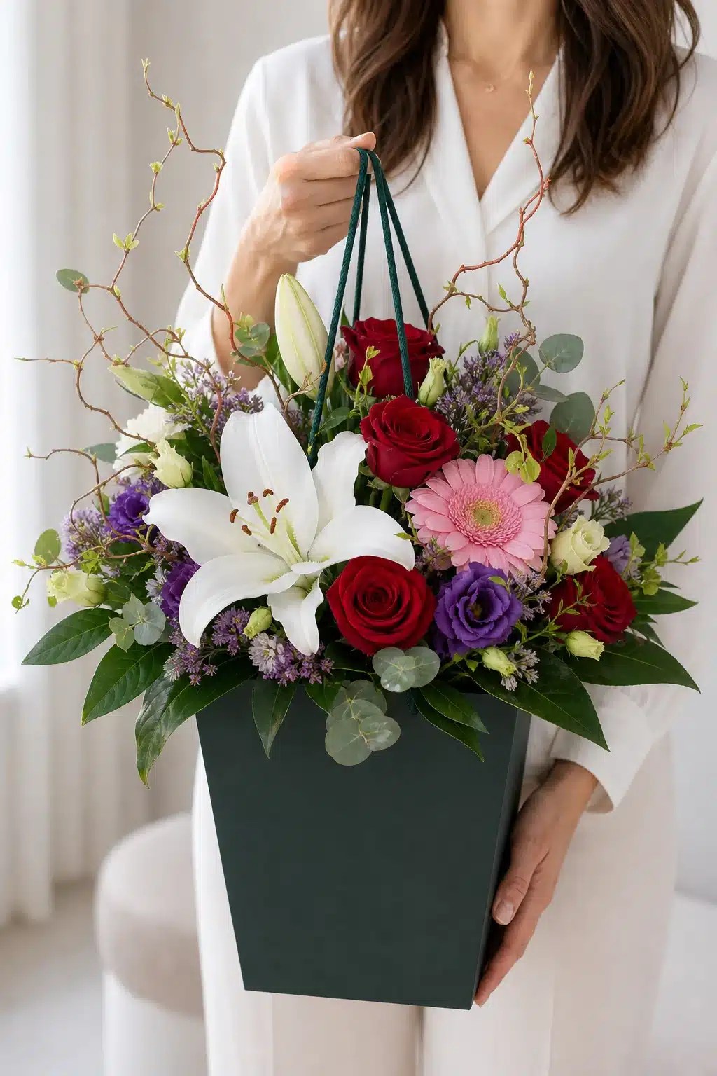 Wilde Romanze 6 Wilde Romanze mit weissen Lilien und roten Rosen im dunkelgruenen Flowerbag