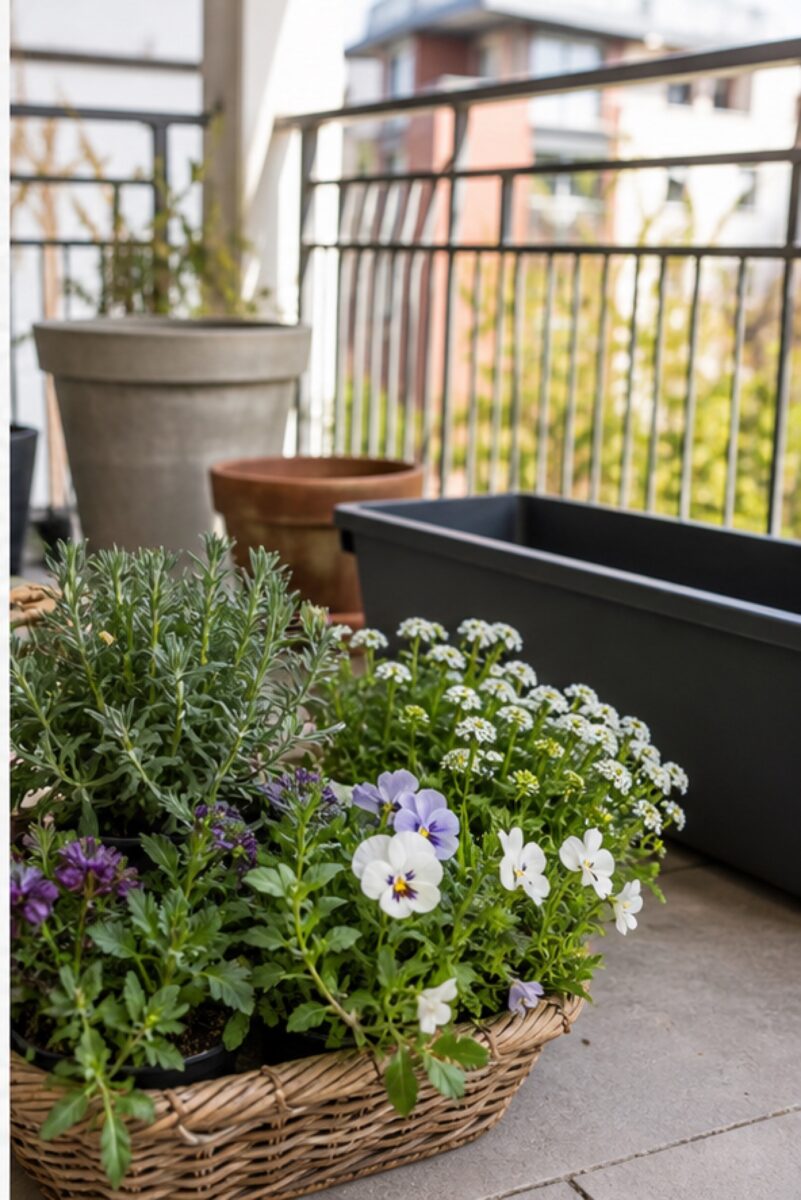 Balkon und Terrasse vorbereiten: Was vor der Pflanzzeit sinnvoll ist 2 Frühlingspflanzen neben vorbereiteten Balkonkästen