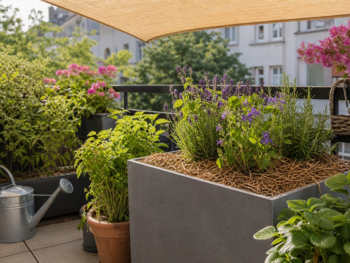 Sommerliche Balkonpflanzen mit leichter Schattierung und Mulch auf der Erde