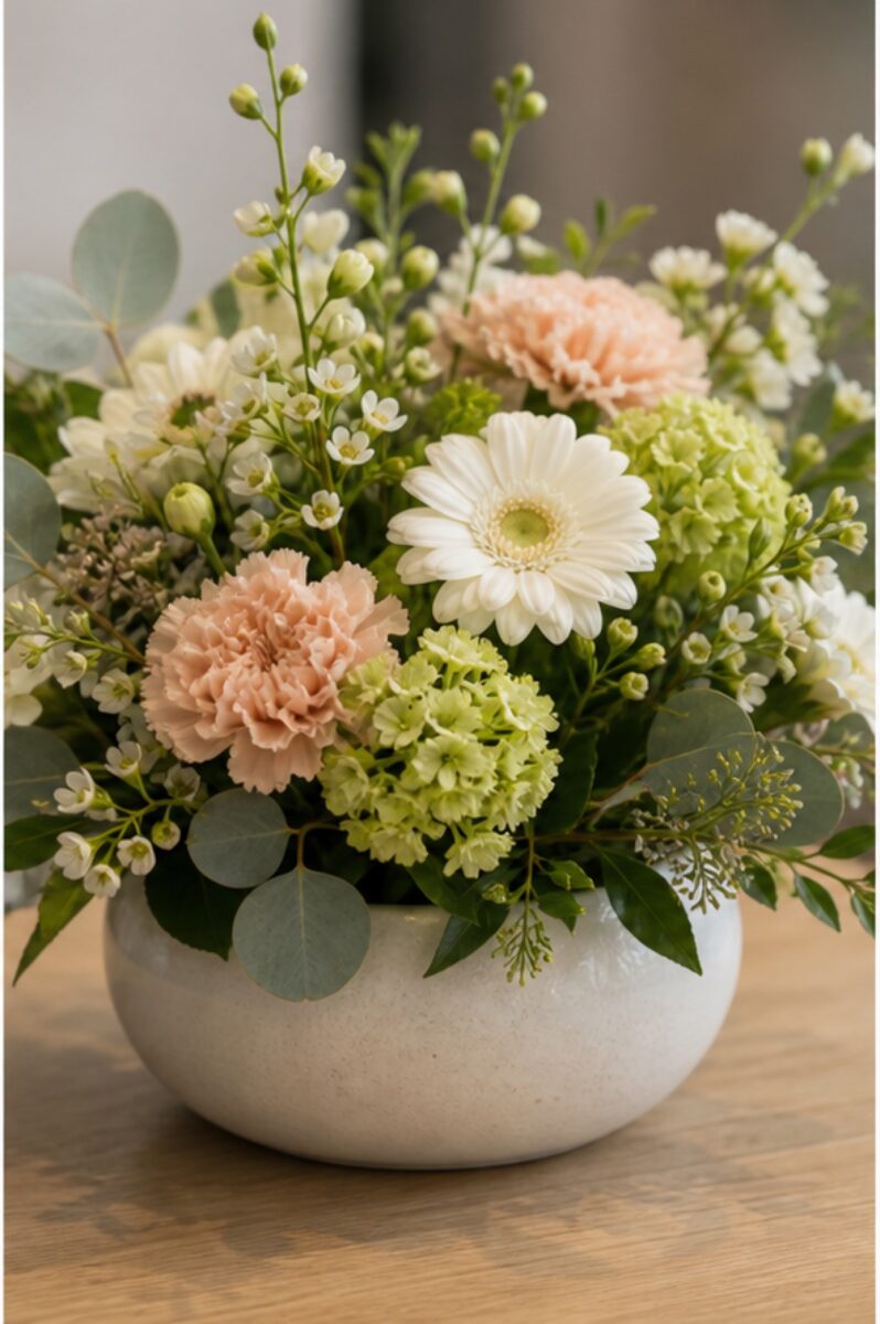 Dauerhafte Blumenlösung in einer niedrigen Vase für den Empfang