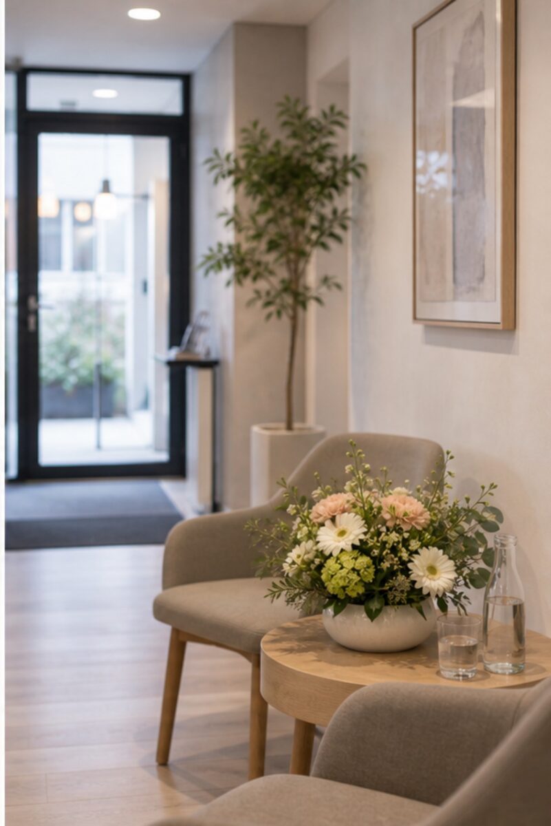 Wartebereich mit dezenter frischer Blumendekoration