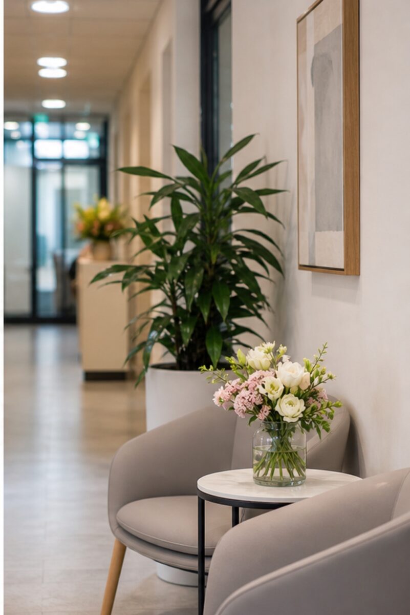 Blumen für den Frühlings-Empfang: Freundlich dekorieren in Praxis, Büro und Geschäft 2 Wartebereich mit dezenter floraler Frühlingsdekoration