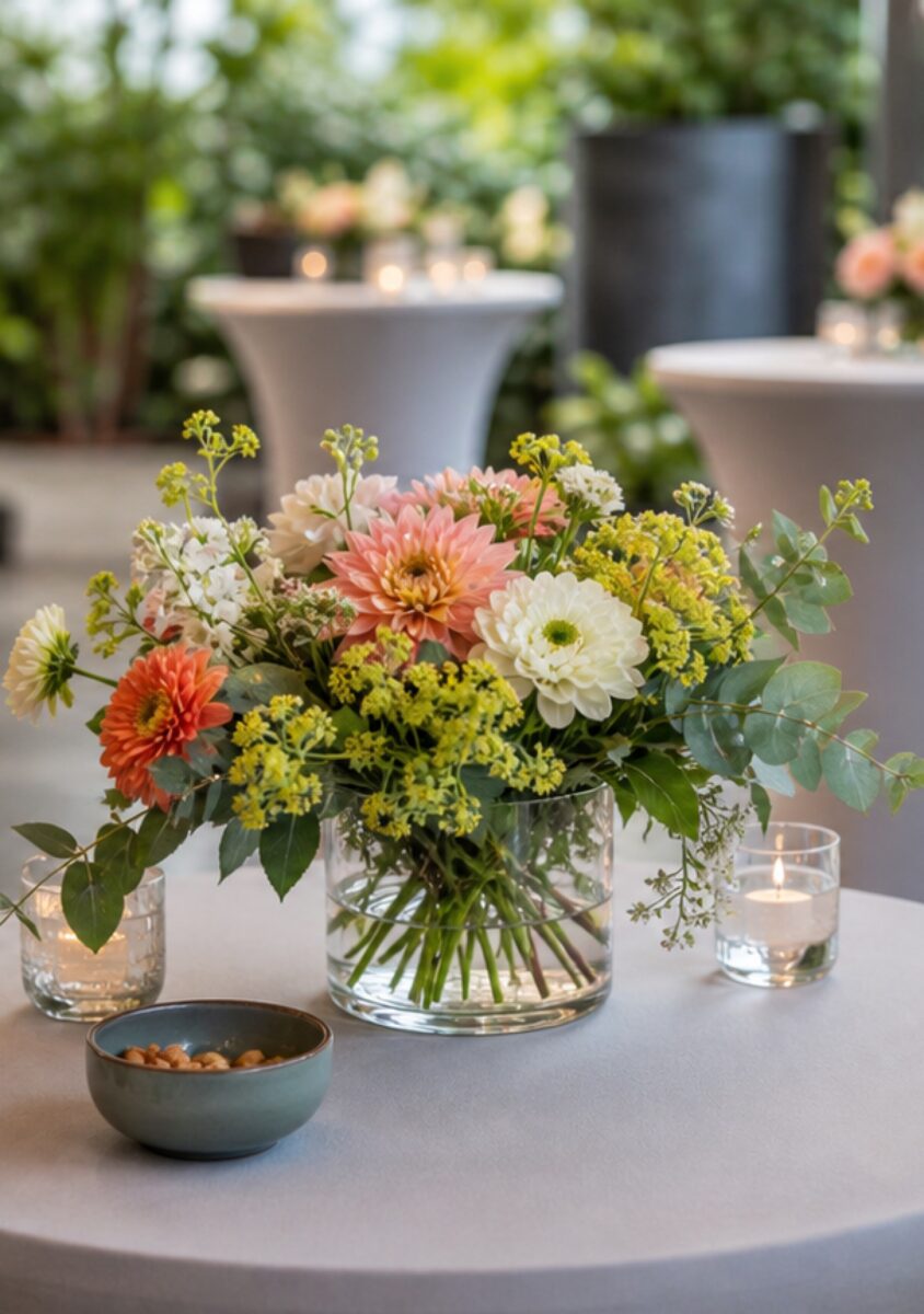 Kompaktes Blumenarrangement auf Stehtisch oder Buffet