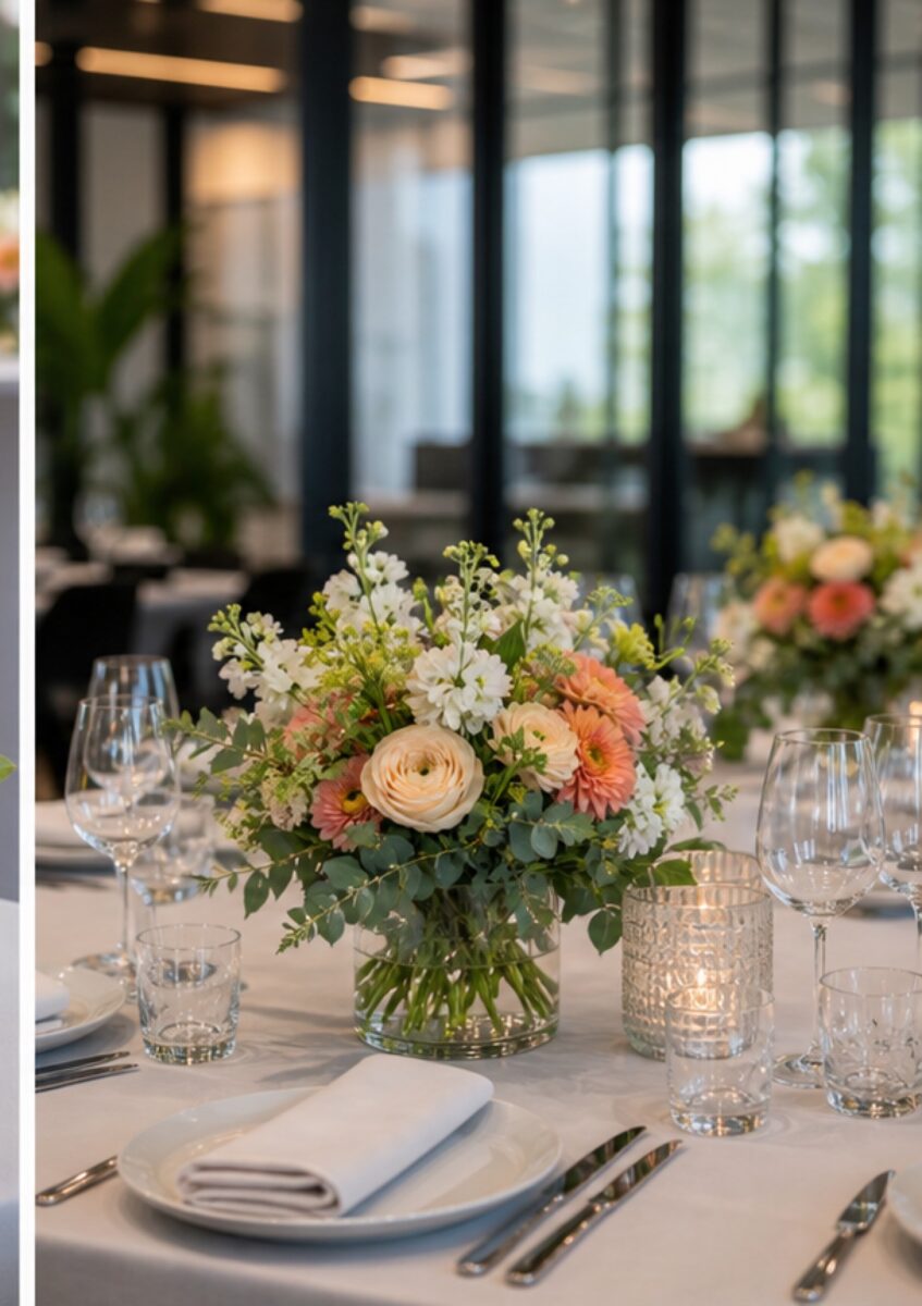 Business Event Tisch mit abgestimmter Blumendekoration