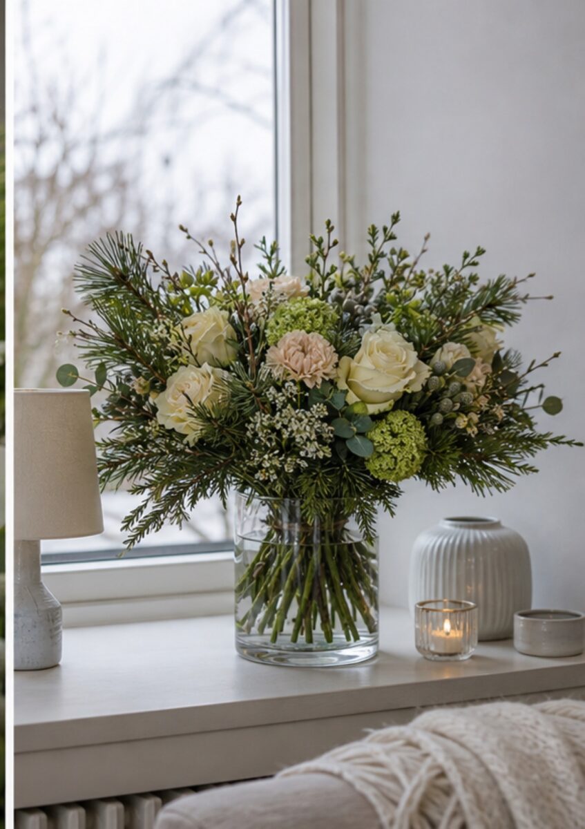 Blumen im Winter: Welche Sträuße jetzt lange schön bleiben 2 Winterstrauß an einem hellen kühlen Standort im Wohnraum