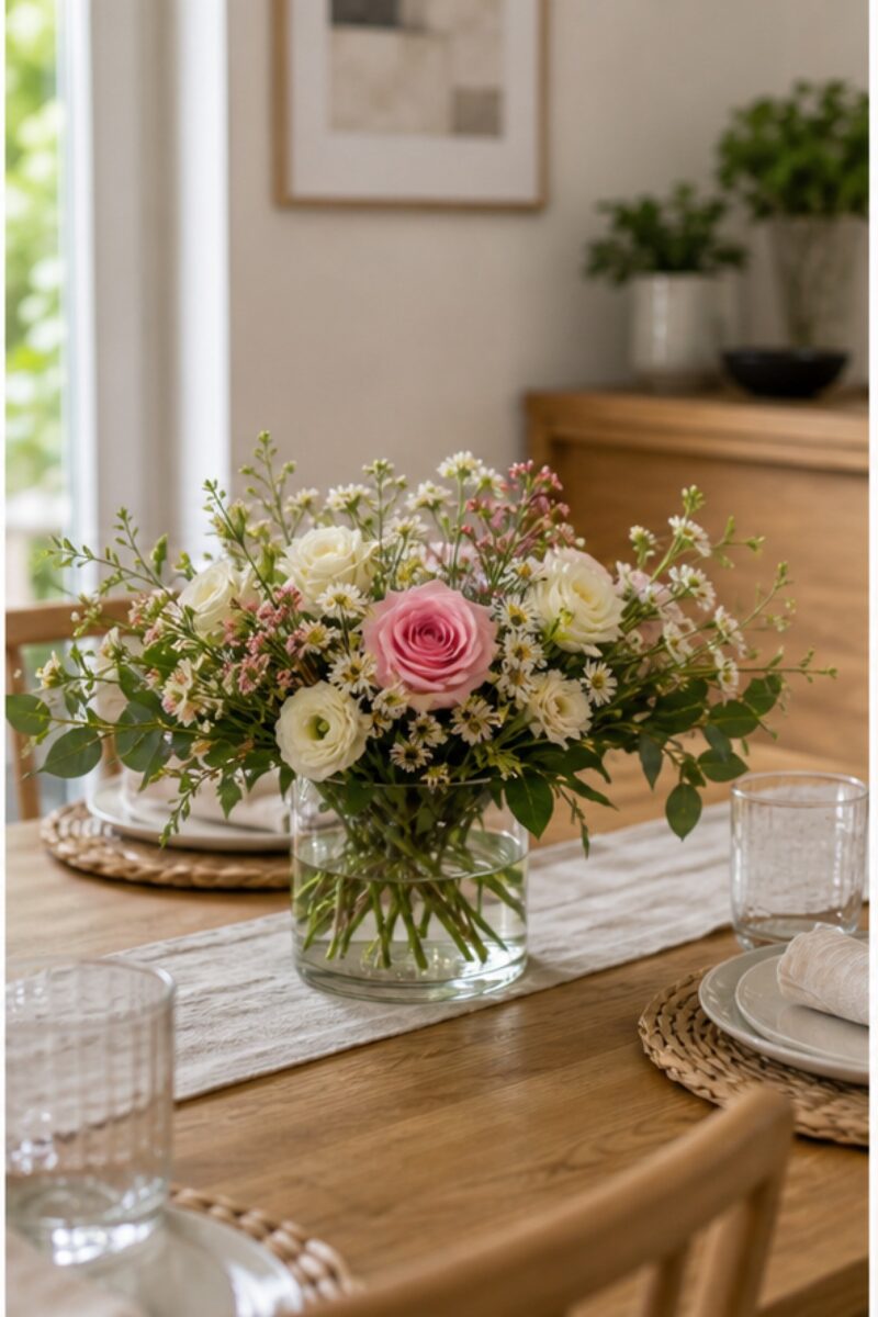 Blumen im Flur, Wohnzimmer und Essbereich: Wo Sträuße am besten wirken 1 Niedrige Blumen auf einem Esstisch