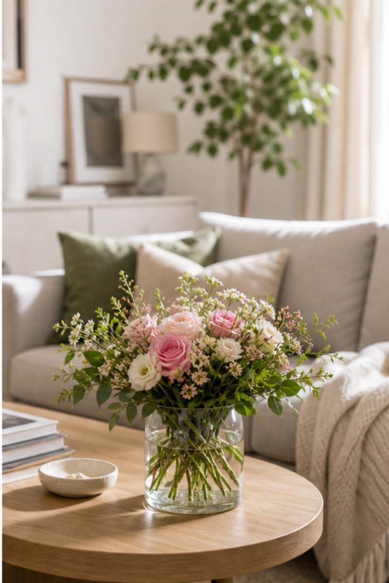 Blumen im Flur, Wohnzimmer und Essbereich: Wo Sträuße am besten wirken 2 Vase mit Blumen im Wohnzimmer an einem hellen Standort