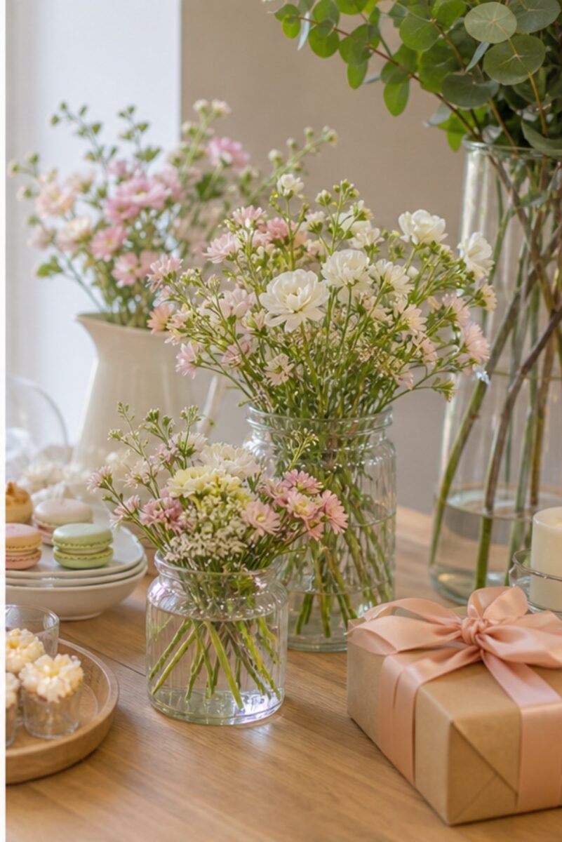 Frühlingsfeste dekorieren: Blumen für Kommunion, Taufe und Familienfeier 2 Buffet mit dezenten Frühlingsblumen für eine Familienfeier